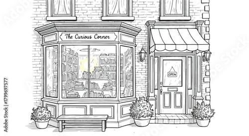 Architectural drawing of a cozy vintage storefront with decorative awning, framed windows, planter pots, and charming heritage-inspired boutique exterior.
