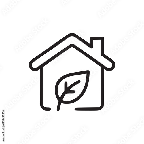Minimalist outline of a house with a chimney and a leaf inside representing eco friendly living