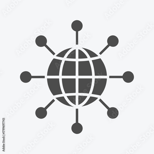 World globe connected by lines radiates from the center on a white backdrop