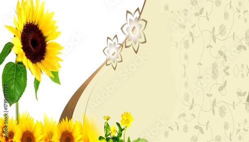 Cheerful illustration with bright sunflowers and lush green leaves, set against a soft, elegant floral background, creating a warm and inviting natural scene