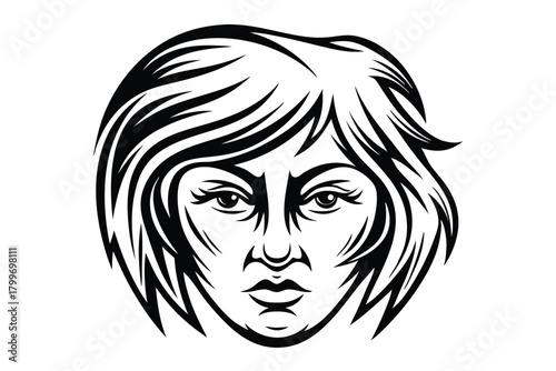 Striking depiction showcases a woman's intense gaze and bold black hair in graphic