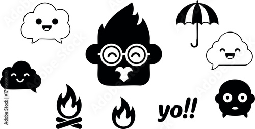 Cute cartoon monkey with happy clouds and playful fire icons vector design for fun creative projects
