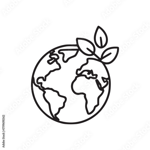 A minimalistic line drawing of the earth with leaves growing out of the top of the planet globe
