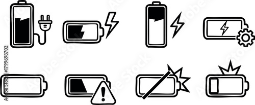 Battery icons showing power levels and charging status in simple black line style vector illustration
