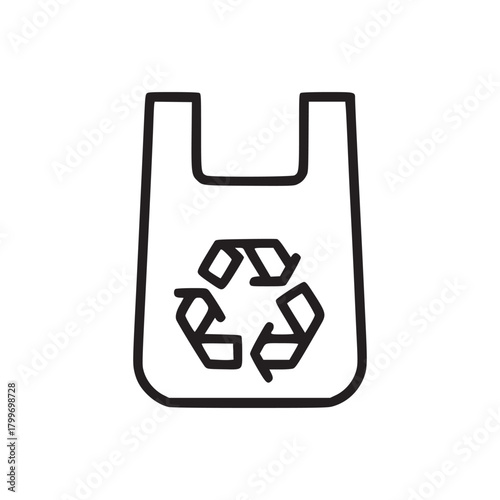 Illustration of a plastic bag with a recycling symbol on it in black outline on a white background
