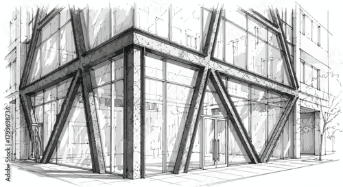 Perspective architectural sketch of a dramatic glass-and-steel corner structure with angled beams, transparent walls, and bold geometric modern commercial architecture.