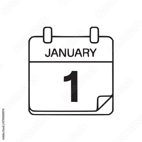 A simple black and white calendar icon showing january first with a curled corner detail design element
