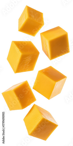 Orange cheese cubes falling isolated on a transparent background