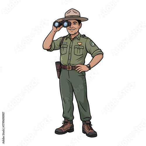 Park ranger with hat and binoculars transparent background.