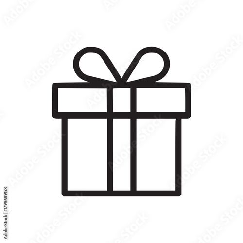 A simple black outline illustration of a gift box with a bow on a plain white background center aligned