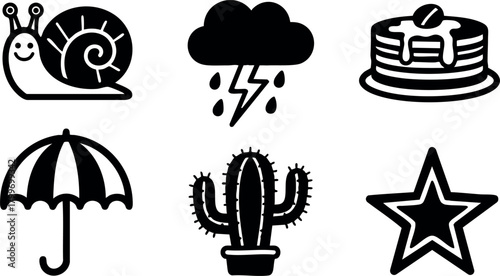 Black simple icons set of snail thunderstorm pancakes umbrella cactus and star vector illustration