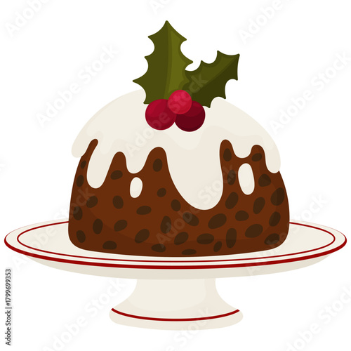 Flat-vector illustration of a traditional Christmas pudding topped with white icing and decorated with holly leaves and red berries