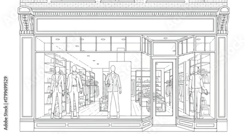 Architectural sketch of a classic fashion boutique with wide display windows, detailed framing, balanced window proportions, and refined traditional retail styling.