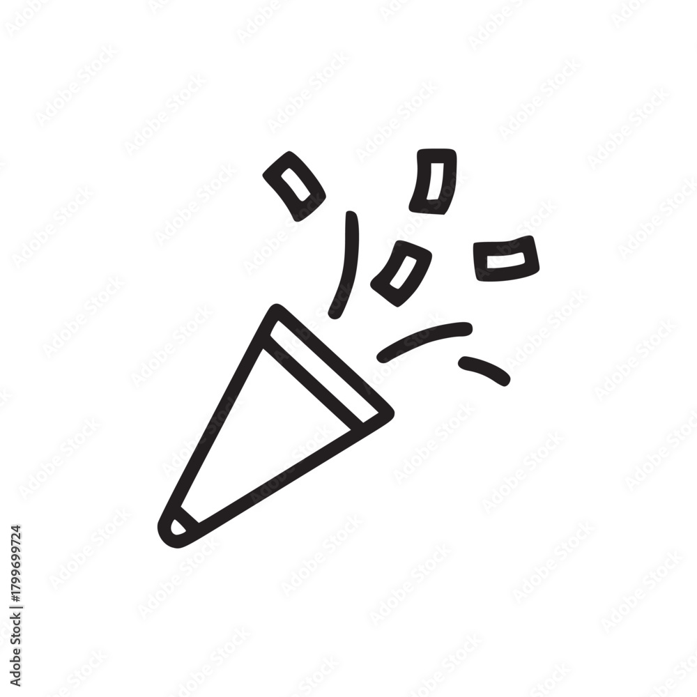 Fototapeta premium A simple line drawing of a party popper with confetti on a white background in minimalist style art