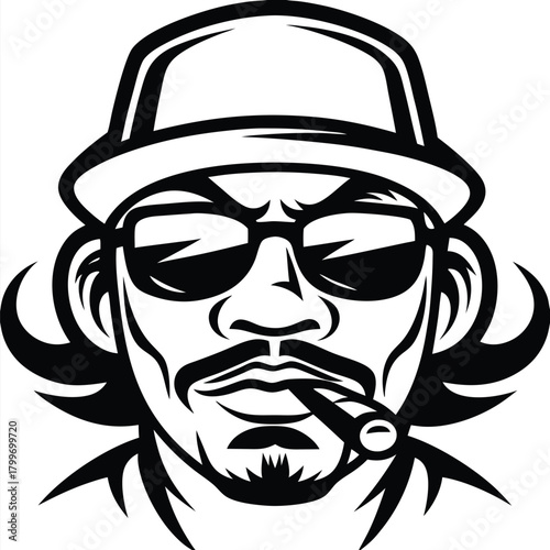 Monochromatic avatar of a confident man in a hat and sunglasses smokes a cigar