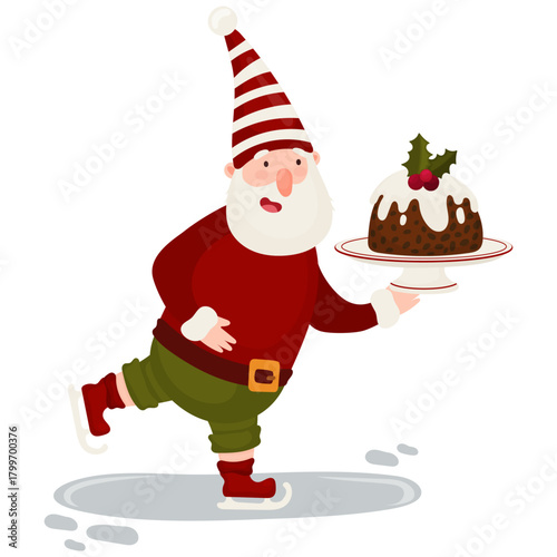 Christmas Gnome Ice Skating with Holiday Pudding - Cute Winter Illustration. Perfect for greeting cards, seasonal invitations, posters, stickers, children’s books