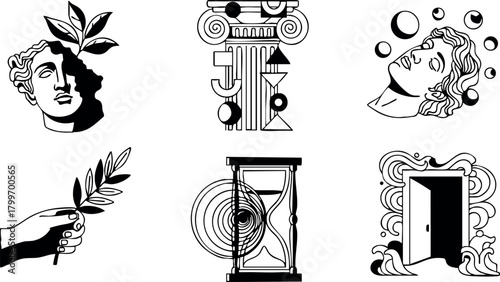 Classical Greek mythology symbols and elements with laurel, column, hourglass and abstract faces vector set