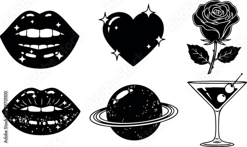 Retro style black and white lips heart rose planet martini glass vector icons collection