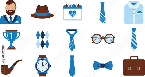 Set of Flat Men's Fashion and Father's Day Accessories Icons, Including Suit, Hat, Neckties, Watch, Briefcase, and Trophy for Gentleman Style Vector