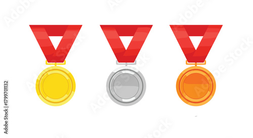 Set of Gold, Silver, and Bronze Award Medals with Red Ribbons, Representing Winning, Achievement, Competition, and First, Second, and Third Place Vector