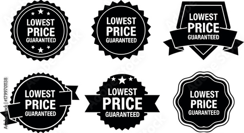 Lowest price guaranteed badge vector set with six black and white sale labels for marketing and discount offers