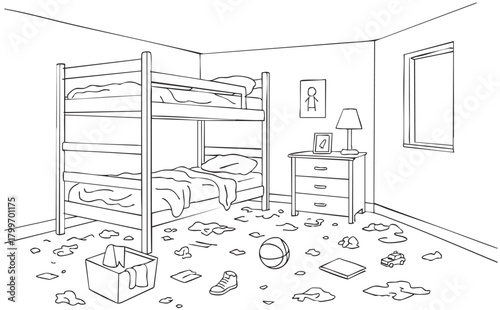 line sketch dirty child room with bunk bed