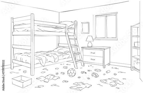 line sketch dirty child room with bunk bed