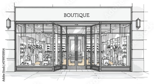 Modern boutique storefront drawing featuring dominant glass frontage, symmetrical framing, illuminated retail interior, and clean contemporary commercial facade composition.