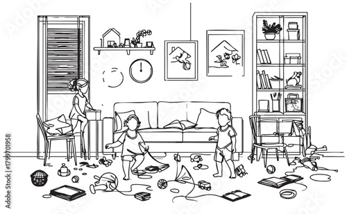 line sketch dirty child room with bunk bed