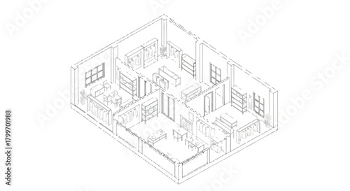 Isometric architectural interior layout featuring multiple rooms, partition walls, door placement, and organized spatial floor-plan structure.