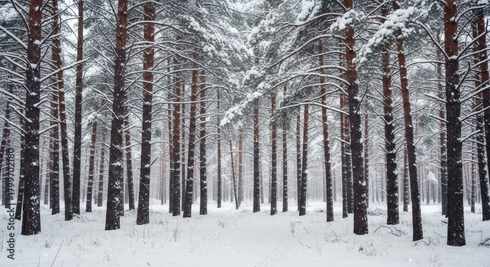Obraz premium Snow covered pine trees in a winter forest landscape with a white ground and a cold atmosphere