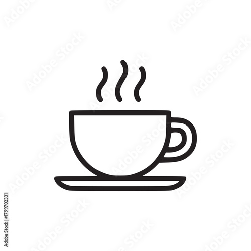 A simple black outline drawing of a steaming cup of coffee sitting on a saucer on a white background