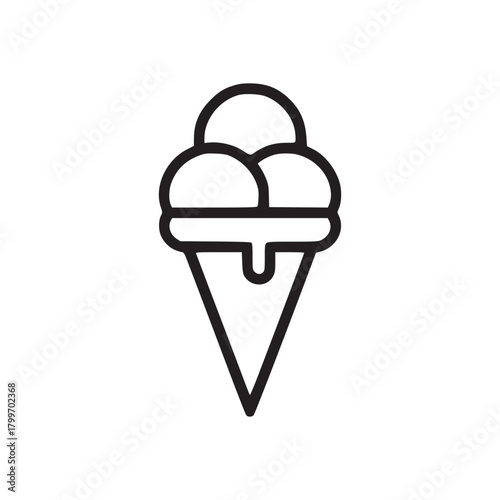 A simple black and white line drawing of an ice cream cone with three scoops on a white background