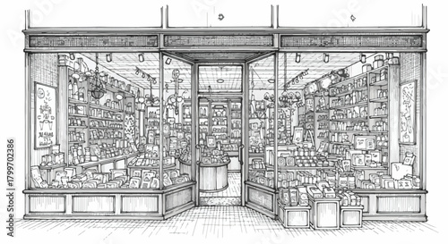 Highly detailed interior sketch of a vintage shop with dense shelving, rustic display counters, ceiling beams, and richly textured heritage-inspired commercial layout.