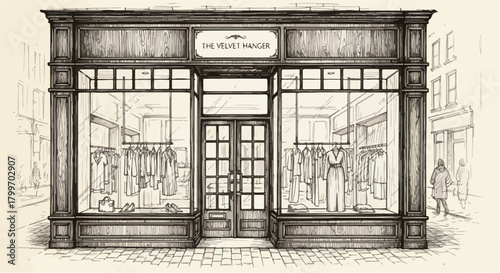 Line-art rendering of a classic storefront featuring symmetrical windows, framed entrance, decorative molding, and sophisticated traditional retail exterior layout.