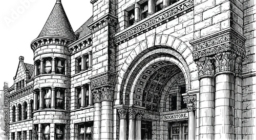 Architectural rendering of a historic stone building with large arched entrances, detailed masonry, cylindrical turrets, and richly textured heritage architectural character.