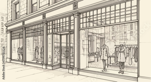 Modern storefront sketch showing open interior space, glass curtain wall, structural beams, and clean contemporary retail entrance design.