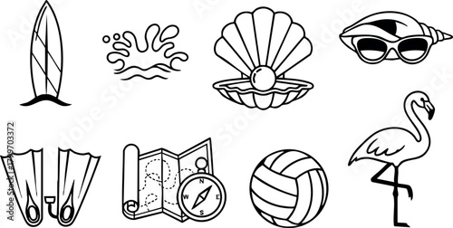 Summer beach icons collection with surfboard waves seashell sunglasses snorkel map volleyball flamingo vector illustration
