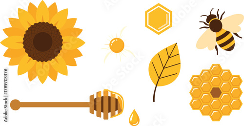 Set of Flat Honey and Beekeeping Elements, Featuring Sunflower, Bee, Honeycomb, and Honey Dipper, Representing Nature, Sweet Food, and Natural Product Vector