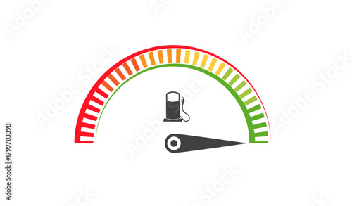 Car dashboard fuel gauge meter on white background with colorful marks and black indicator. Transportation vector design with fuel pump. 