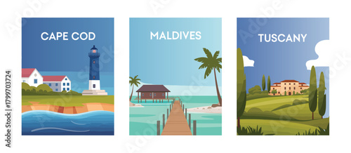 Artistic set of travel posters, postcards, and banners with vibrant landscapes, urban skylines, and tourist destinations, designed as decorative wall art for interiors.