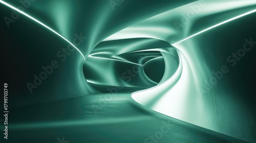 Fototapeta Naklejka Na Ścianę i Meble -  Abstract modern tunnel with teal curves and illuminated neon lights