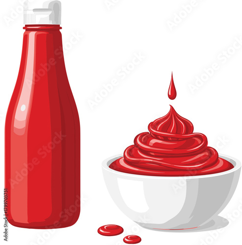 Vector Illustration of a Bright Red Ketchup Squeeze Bottle Next to a Bowl of Tomato Ketchup Sauce with Dripping Drop, Perfect for Condiments and Fast Food