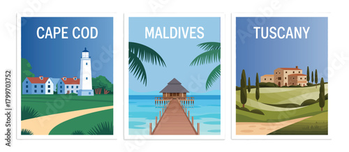 Travel posters, postcards, and banners featuring scenic landscapes, cityscapes, and iconic destinations, perfect for wall decoration and interior design.