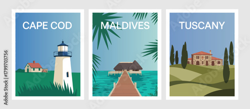 Travel poster and postcard collection including banners, showcasing famous landmarks, scenic views, and cultural destinations, ideal for stylish wall art and home decor.