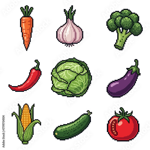 Pixel Art Vegetables Carrot, Garlic, Broccoli, Chili, Cabbage and more