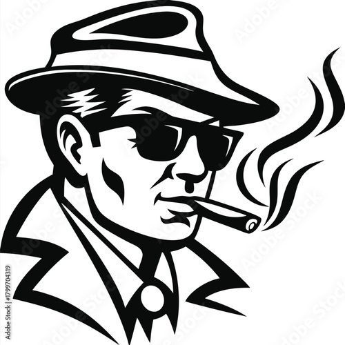 Silhouette of a mysterious man in fedora and sunglasses smoking a cigar
