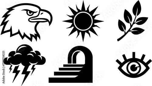 Set of six black silhouette symbols including eagle head, sun, branch, thundercloud, staircase, and eye vector icons