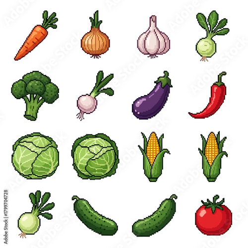 A pixel art collection of fresh vegetables, including carrots, onions, garlic, and more, perfect for healthy eating and culinary themes