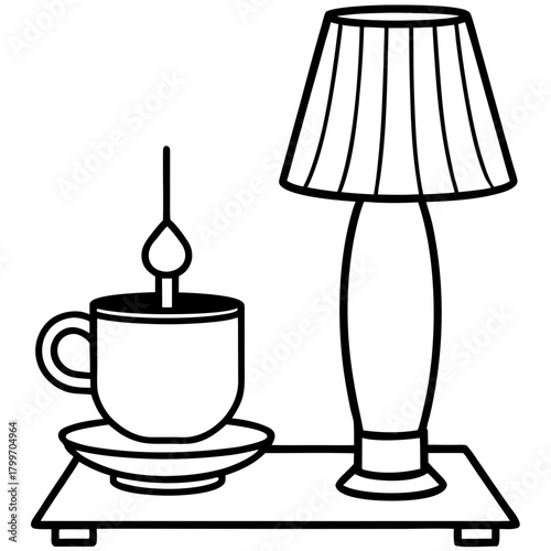 Illustration of a cup of tea with a candle and a lamp